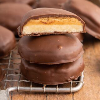 Chocolate covered cookies with peanut butter filling.