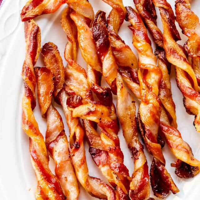 Platter of crispy twisted bacon strips