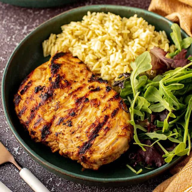 Grilled chicken breast and rice on dinner plate.