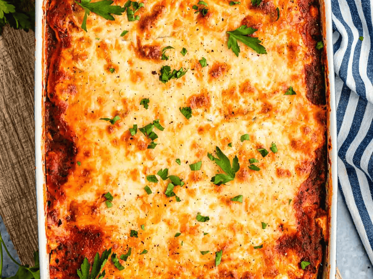 Baked lasagna in large dish.