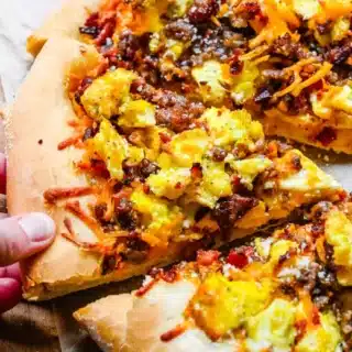 Close up of piece of pizza.