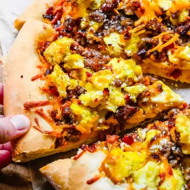 Close up of piece of pizza.