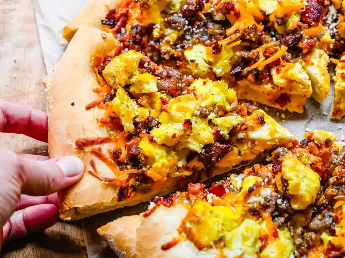 Close up of piece of pizza.