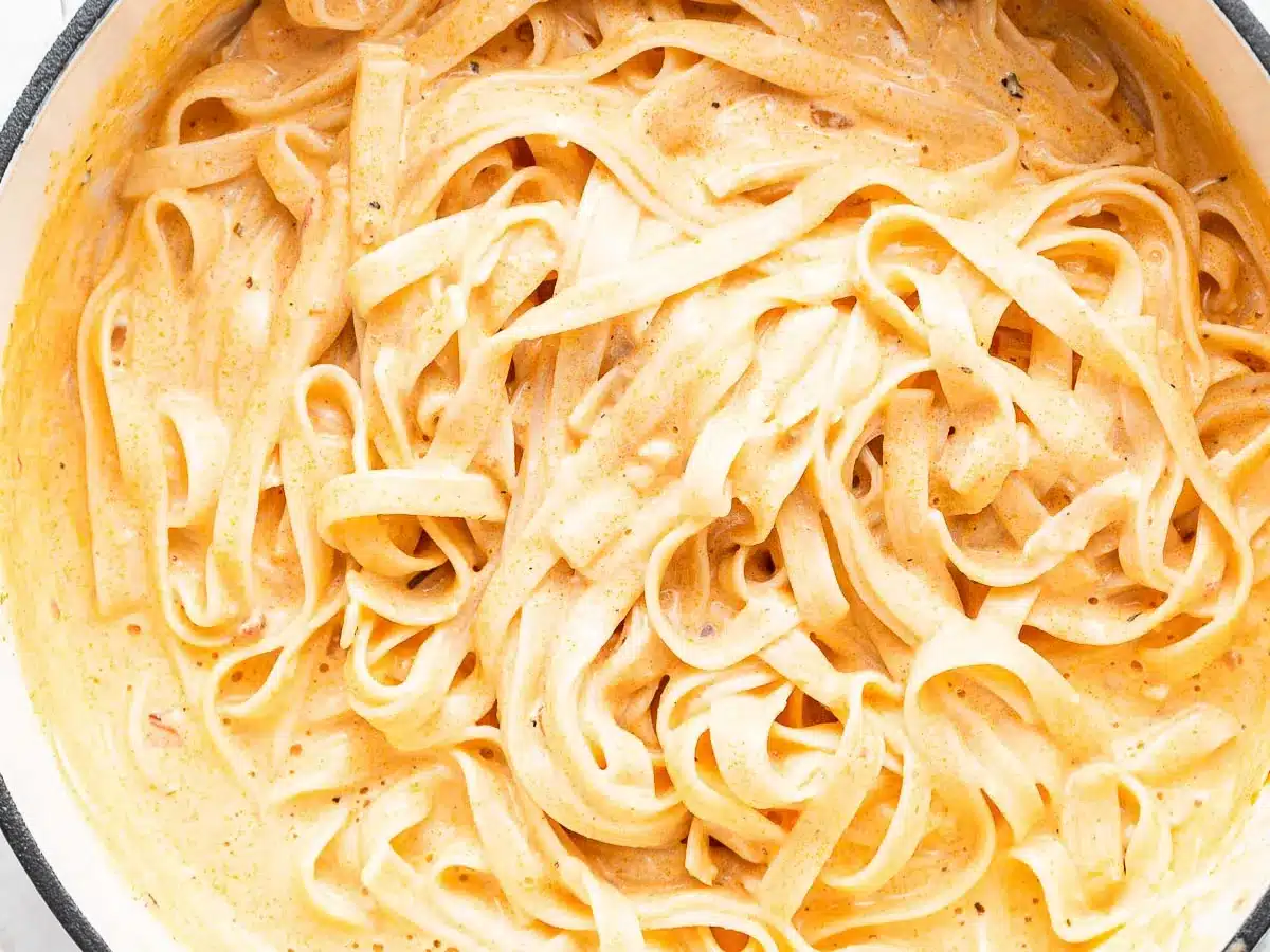Cooked fettuccine in pot with cream sauce. 
