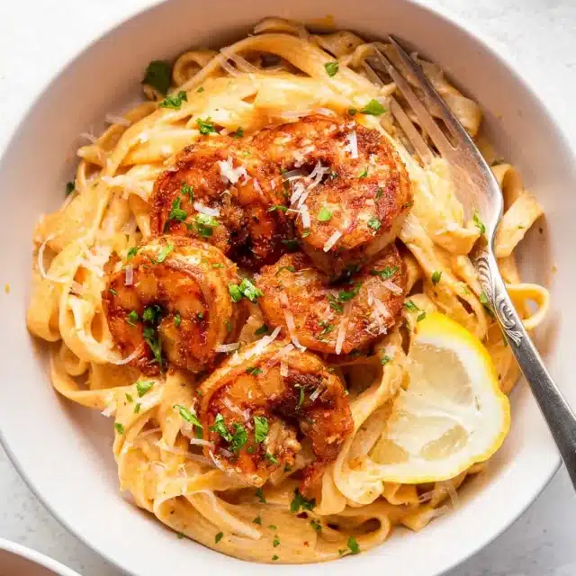 Shrimp and pasta dish in bowl with fork.