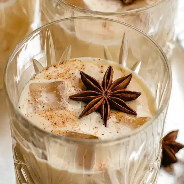Cocktail in glass on ice with star anise garnish.