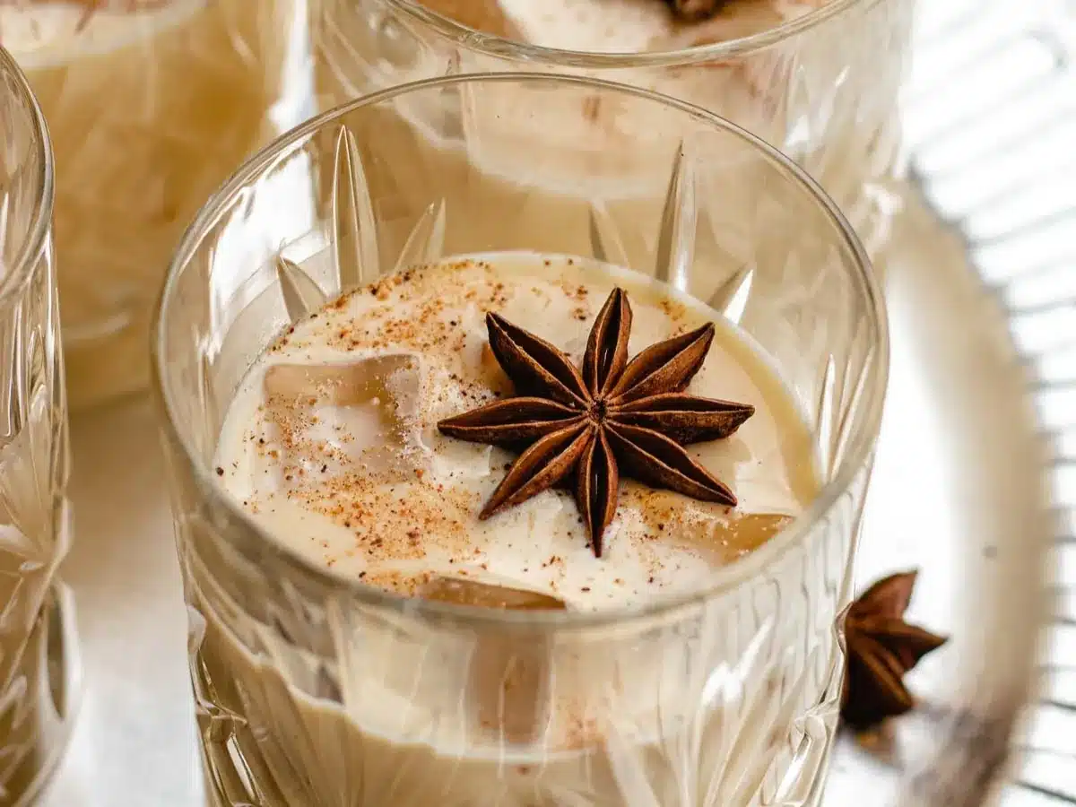 Cocktail in glass on ice with star anise garnish.