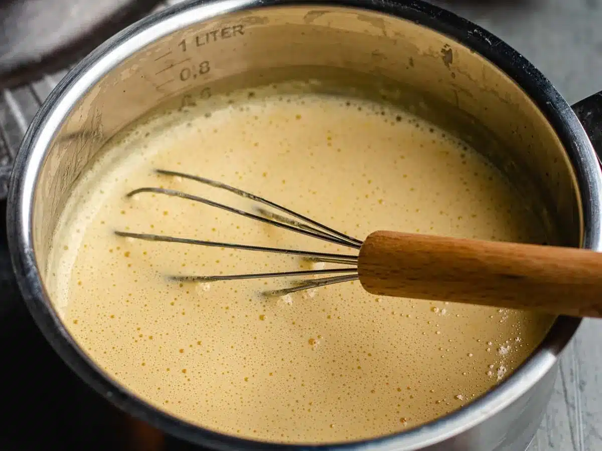 Beverage being warmed on stovetop with whisk.