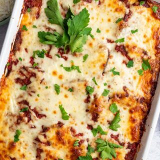 Baked cheesy eggplant in dish