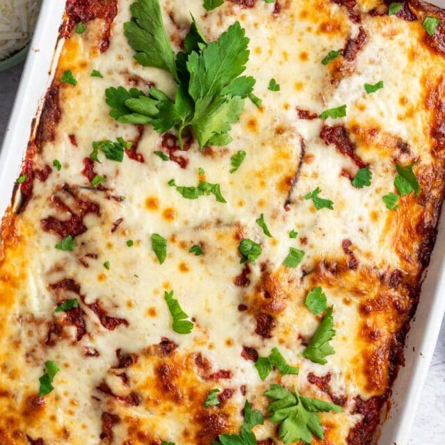 Baked cheesy eggplant in dish