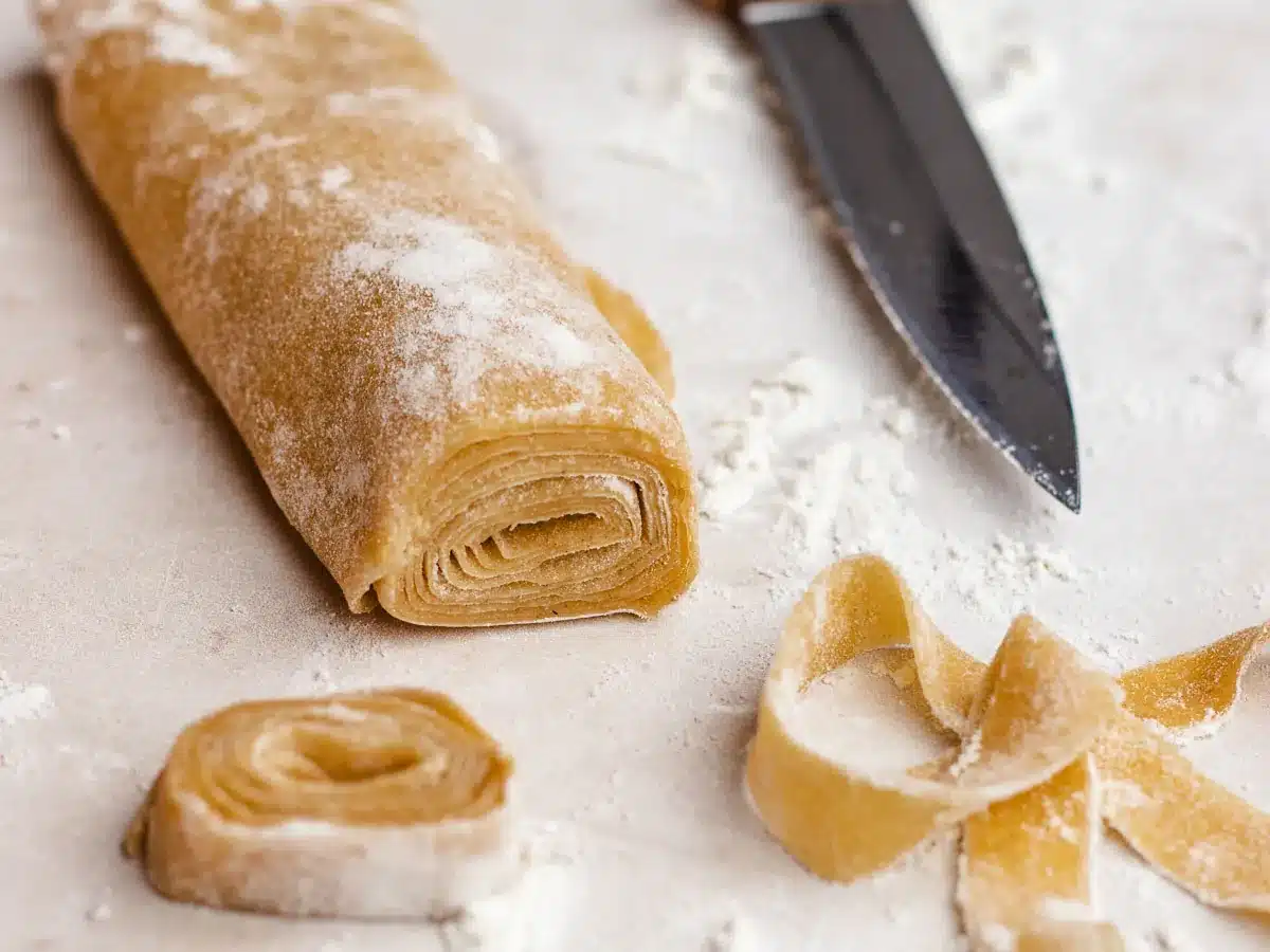 Pasta dough being cut into ribbons.