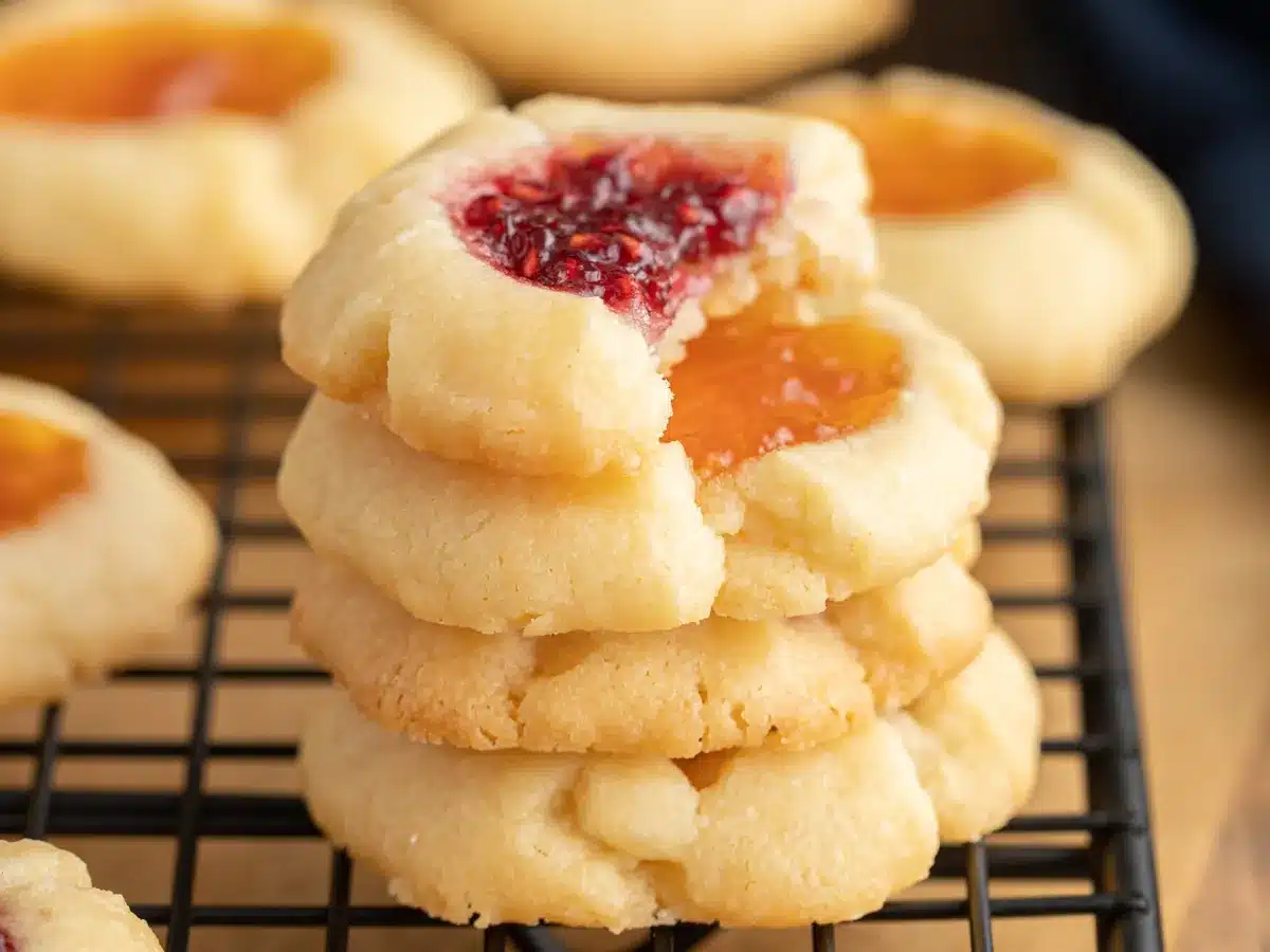 Stack of cookies on baking tray.