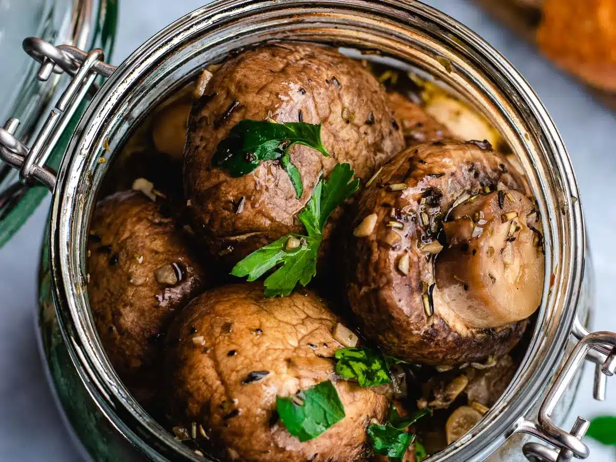 Jar of crimini mushrooms in vinegar.