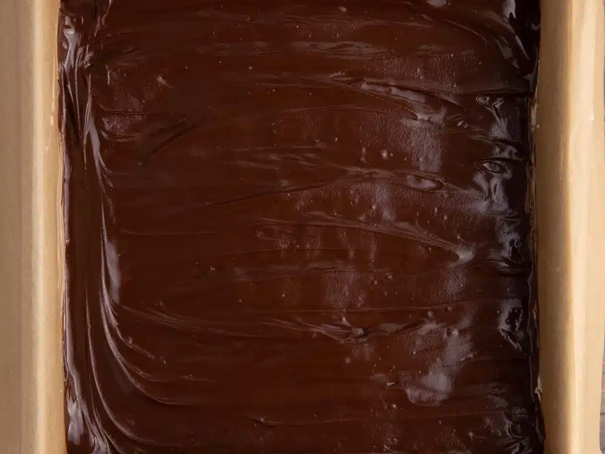 Layered chocolate no bake dessert, ready for refrigeration.