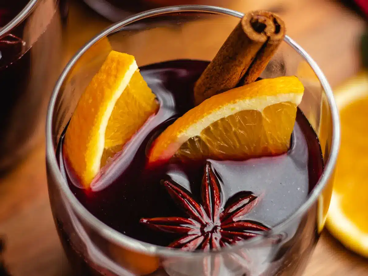Warm spiced drink in mug.