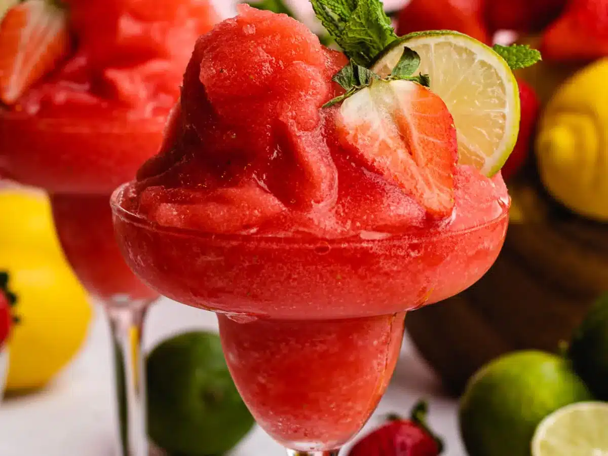 Close up of a frozen cocktail with strawberry garnish.