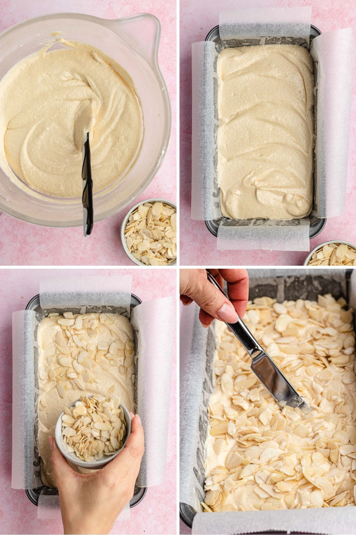 Almond Pound Cake assembling cake batter in pan collage