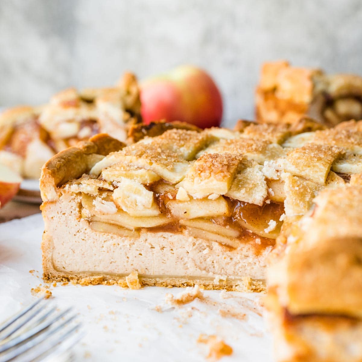 Apple Pie Cheesecake side view of cut section of finished pie