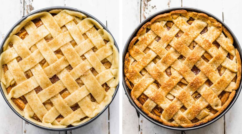 Apple Pie Cheesecake collage assembled pie before and after baking