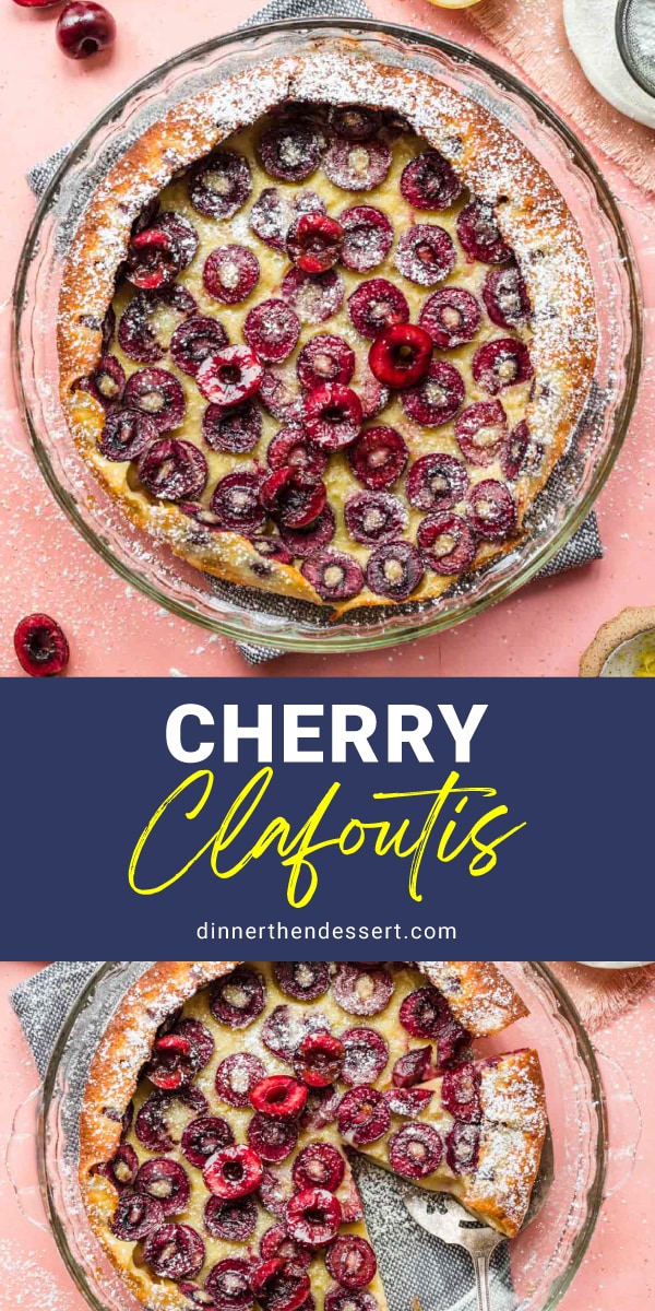 Cherry Clafoutis collage of baked dish with recipe name across center on blue stripe