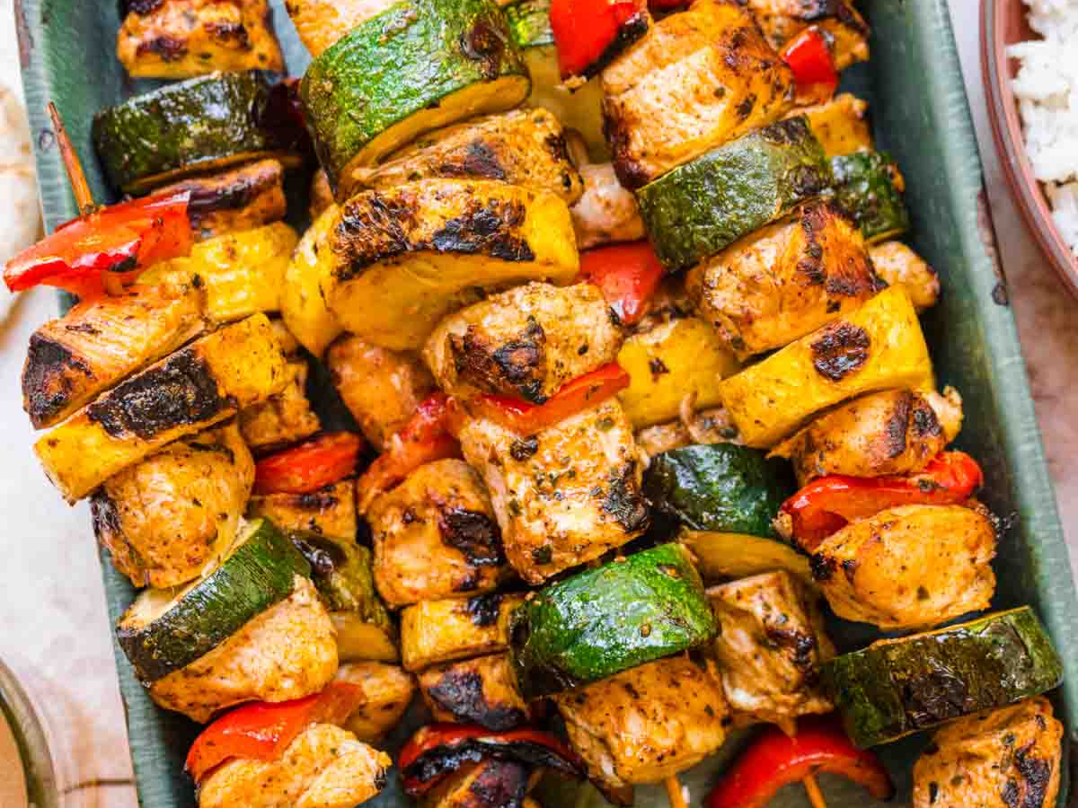 Grilled skewered chicken and vegetables.