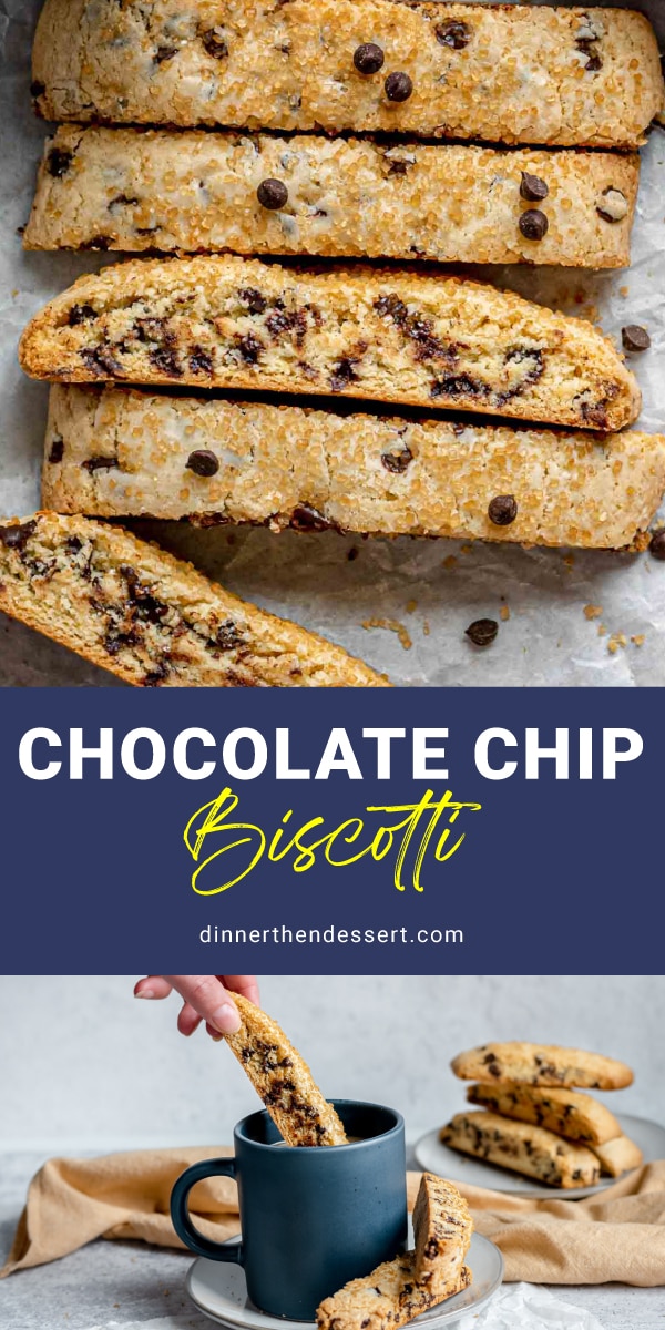 Chocolate Chip Biscotti finished cookies laid out in a row and cookies with cup of coffee collage