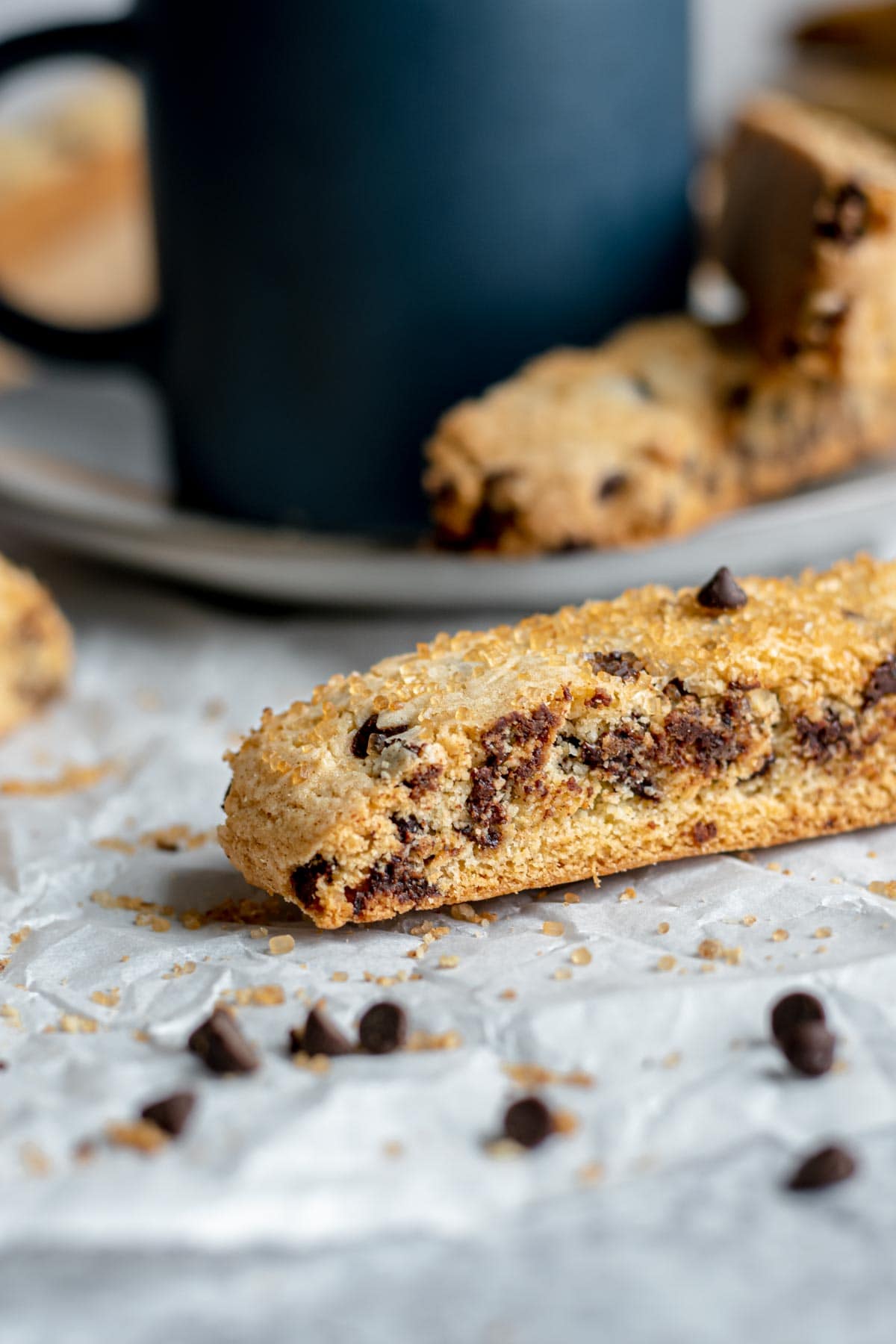 Chocolate Chip Biscotti baked cookie in front of coffee mug and another cookie on plate