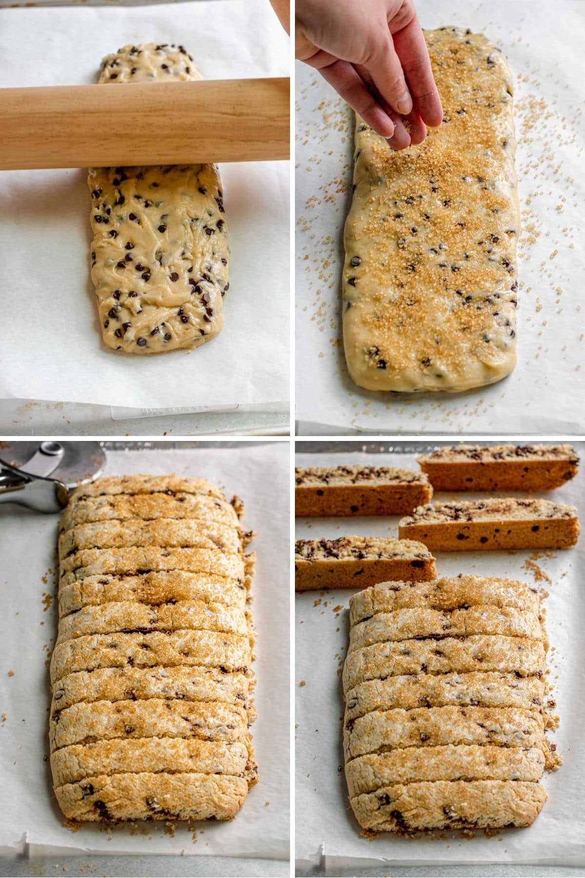 Chocolate Chip Biscotti preparation collage rolling out dough and baking
