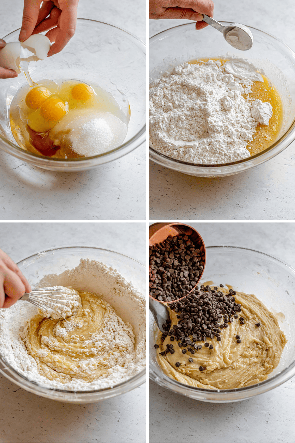 Chocolate Chip Biscotti preparation collage of making dough