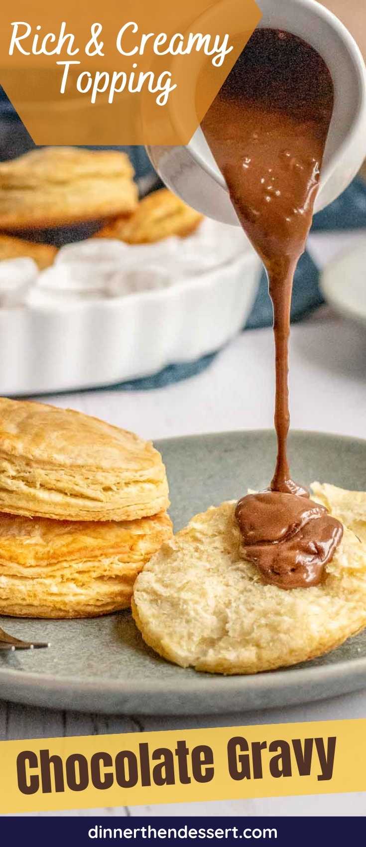 Chocolate gravy being poured over biscuit.