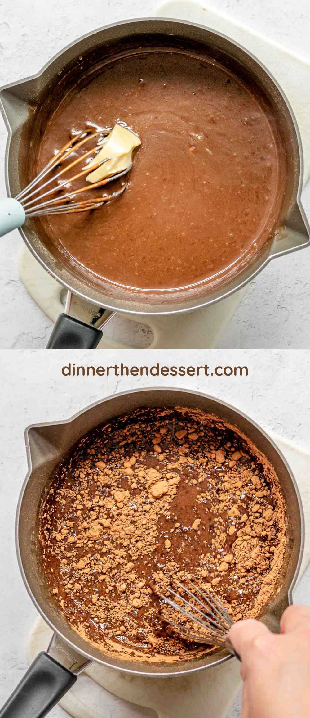 Chocolate gravy ingredients mixed in pan.