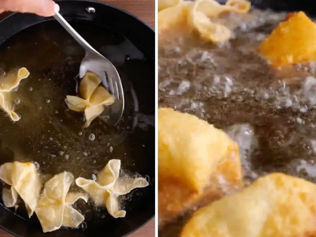 Collage of rangoons frying in oil