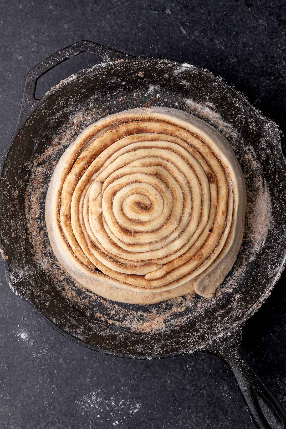 Giant Cinnamon Roll unbaked dough in skillet