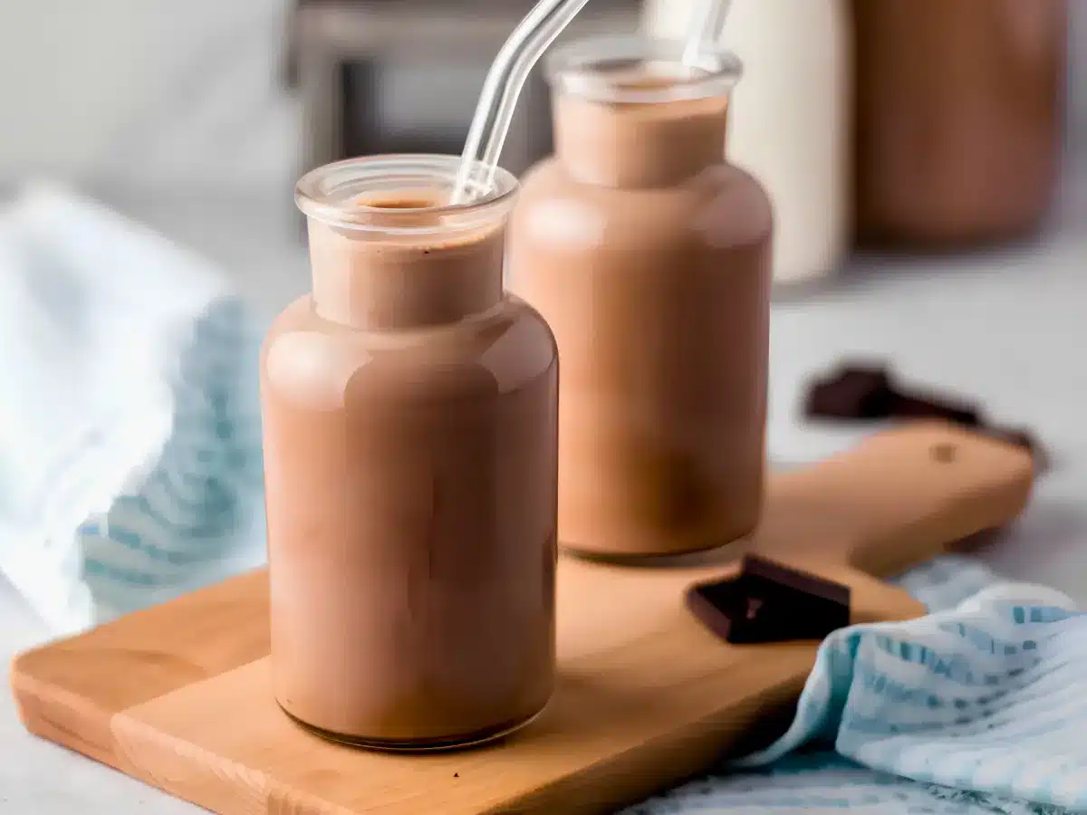 two glasses of sweet brown liquid with a glass straw on a cutting board
