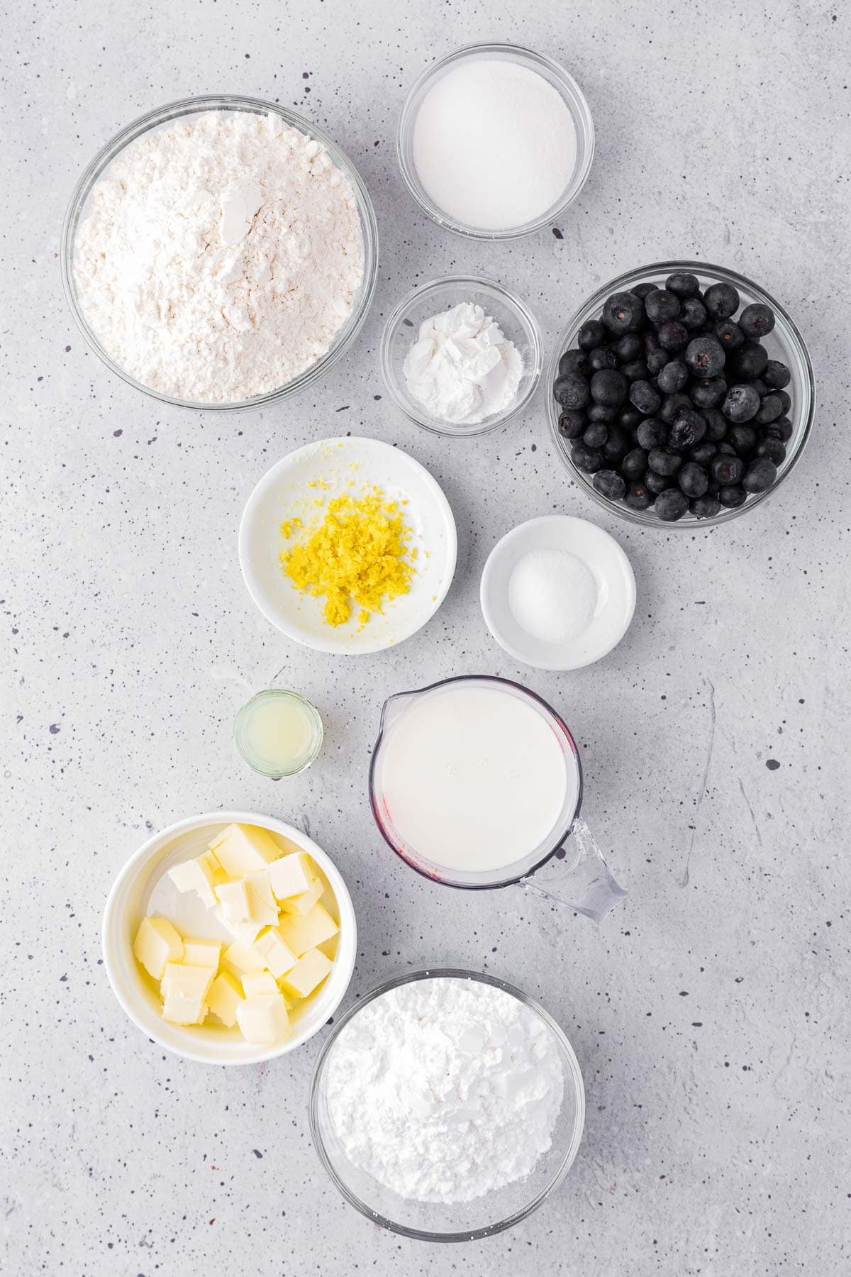 Lemon Blueberry Biscuits ingredients spread out in individual bowls