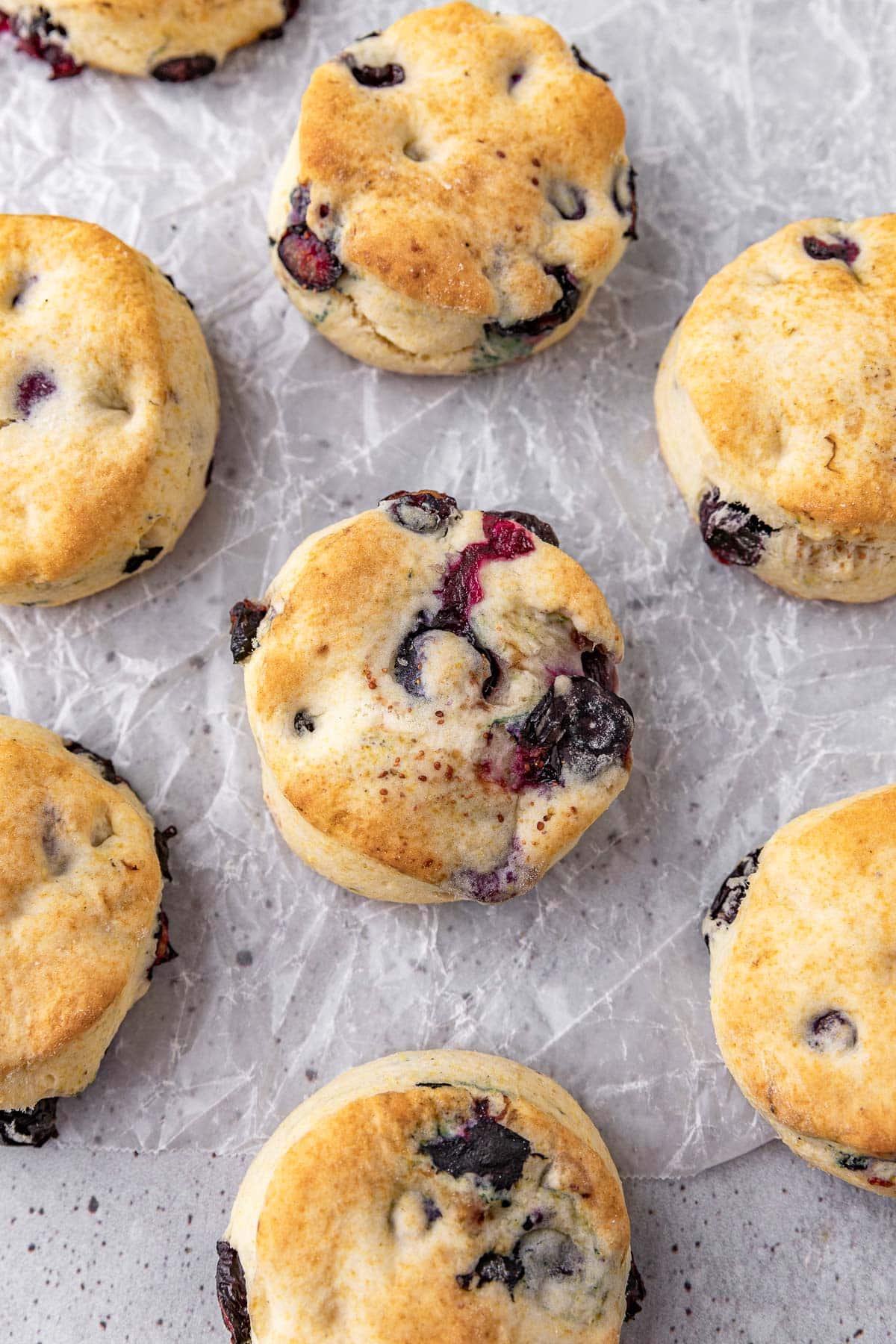 Lemon Blueberry Biscuits baked biscuits on parchment paper