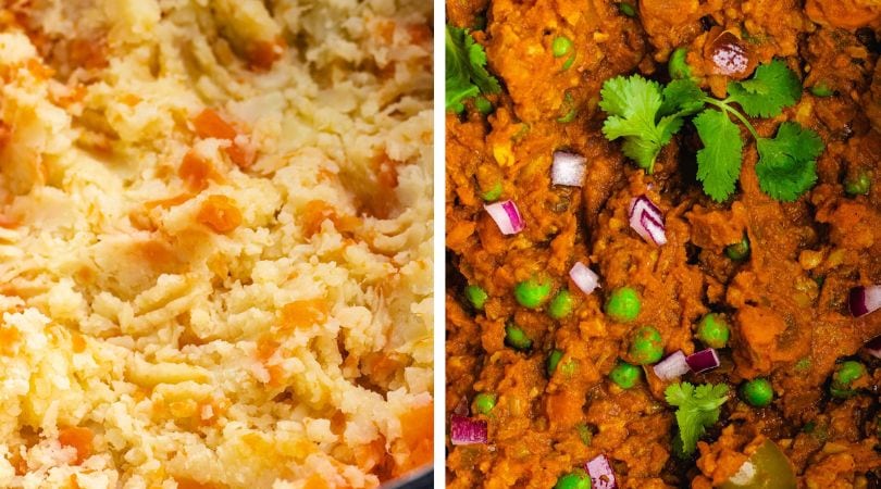 Pav Bhaji mashed potatoes, cauliflower and carrots close up and finished dish close up