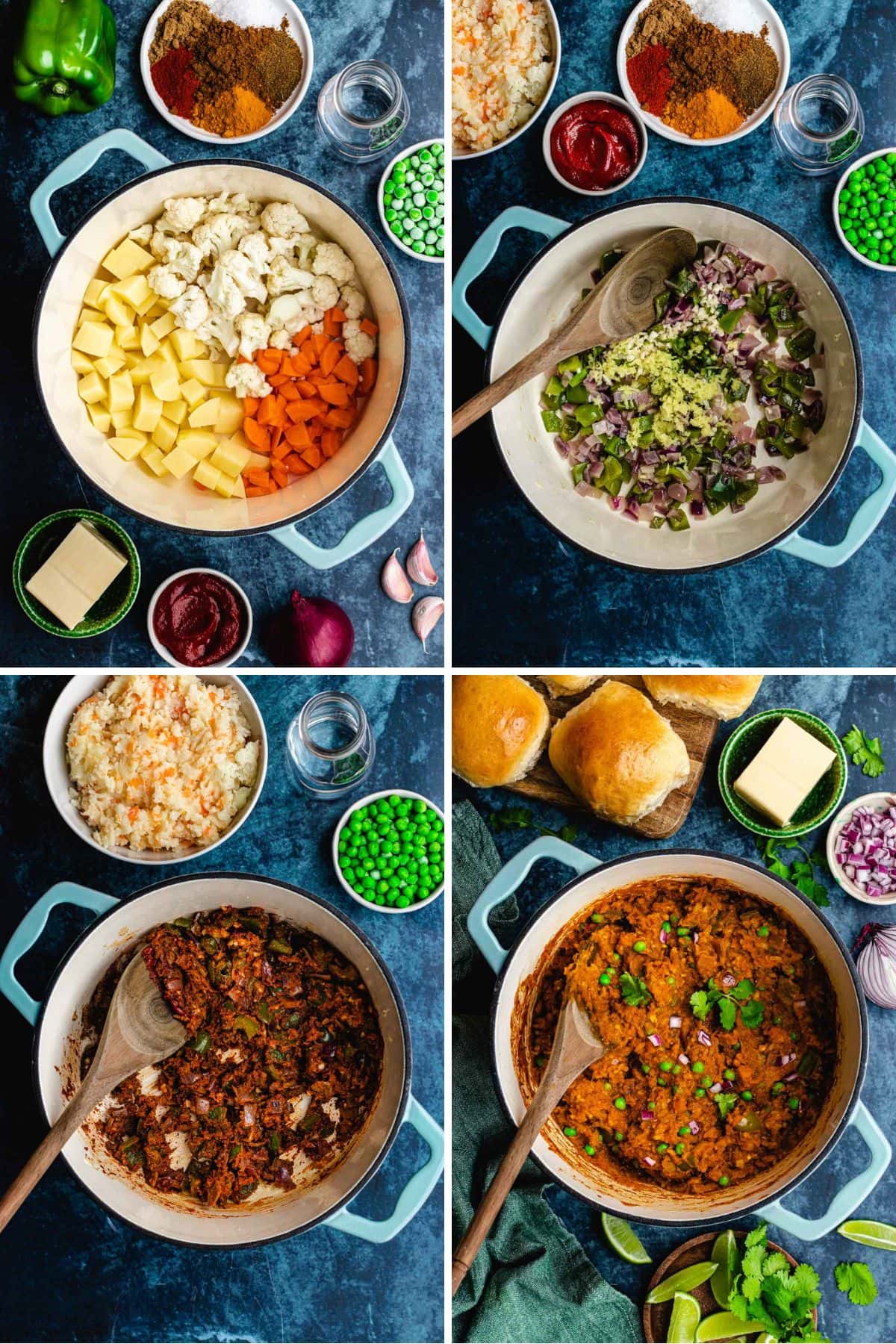 Pav Bhaji preparation collage with four pictures
