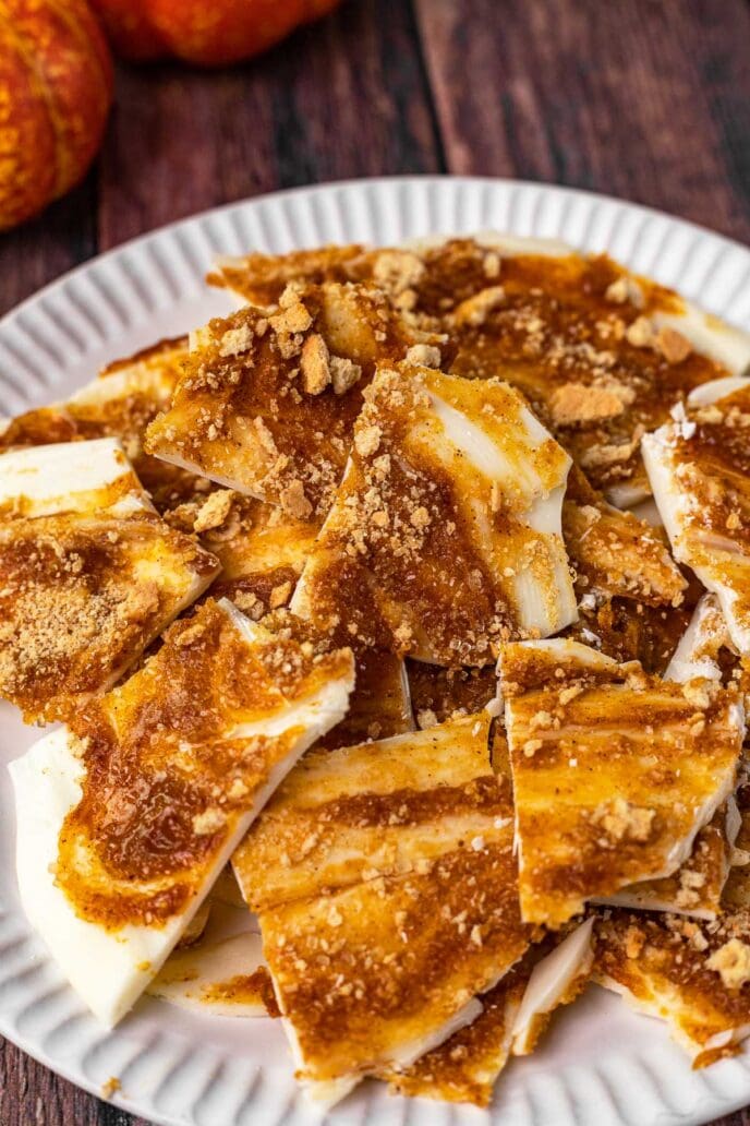 Pumpkin Spice Bark on a plate up close