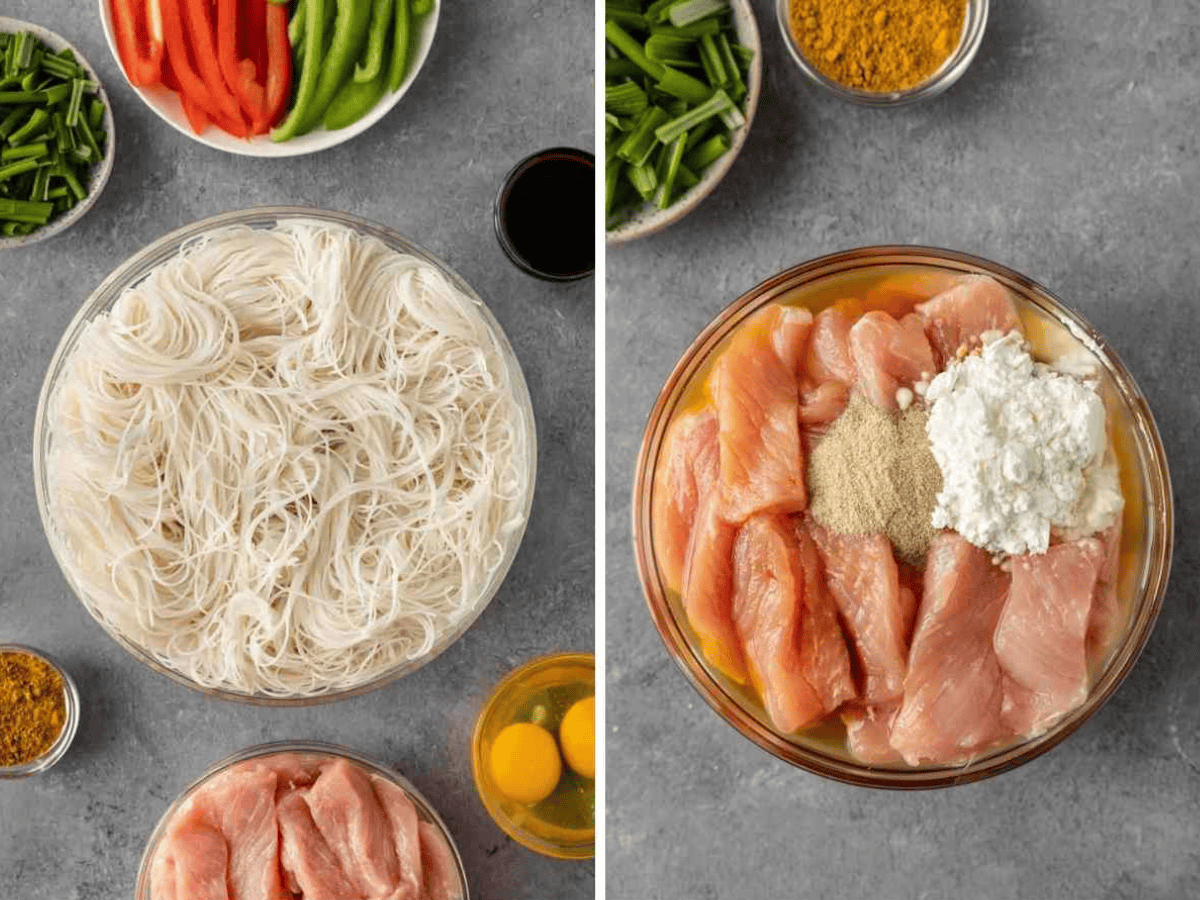 collage of ingredients in separate bowls and combining ingredients in bowl