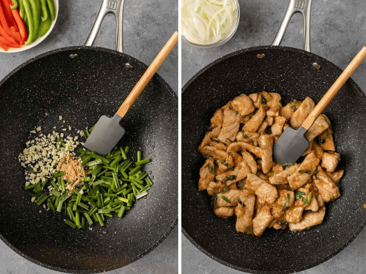 collage of ingredients in pan and chicken in pan