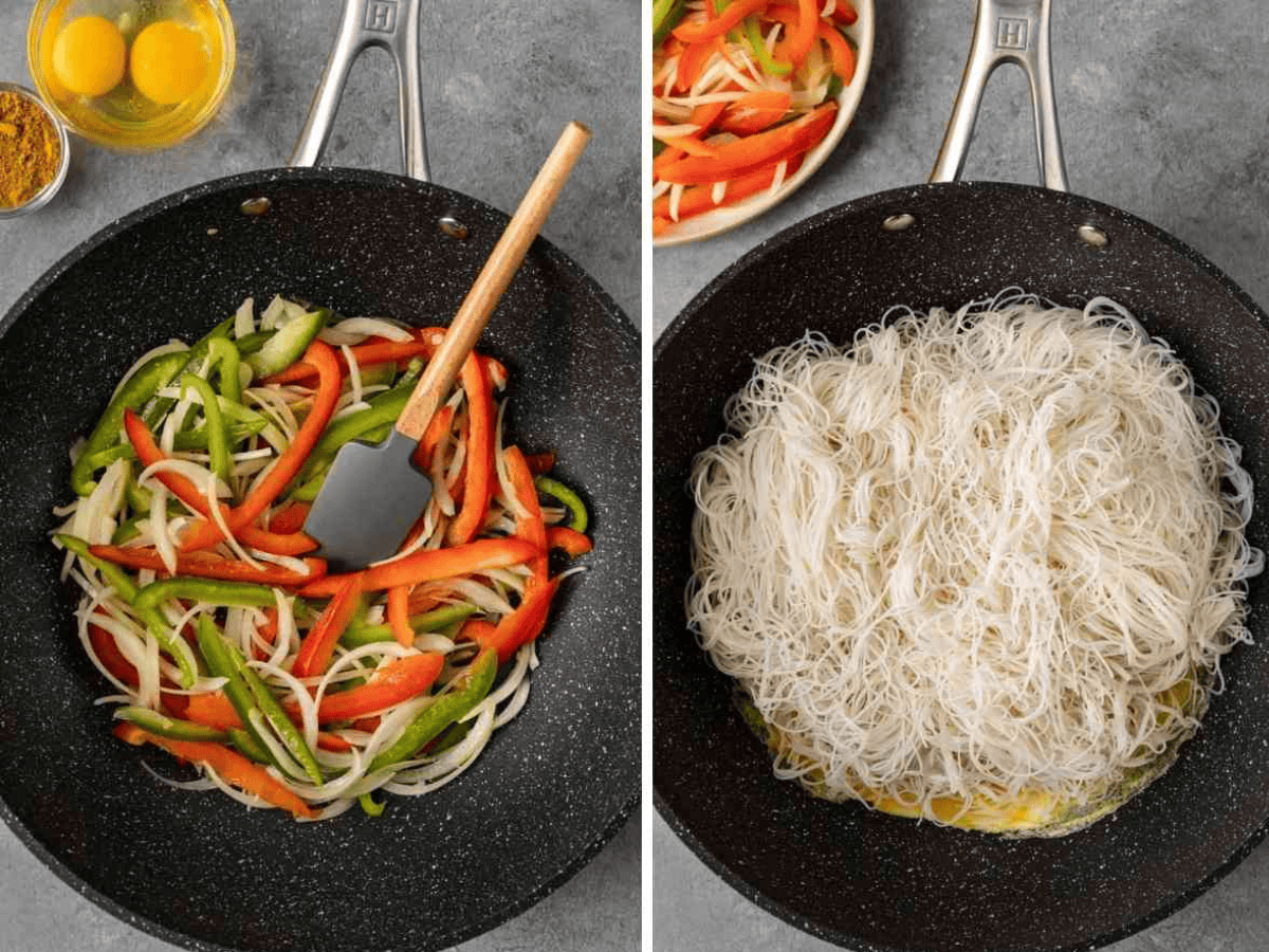 collage of veggies in pan and noodles in pan