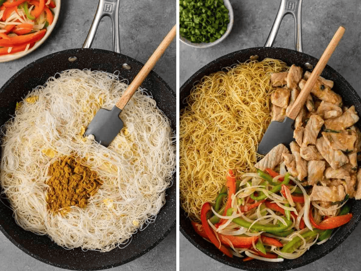 collage of cooking noodles and adding veggies and chicken in pan