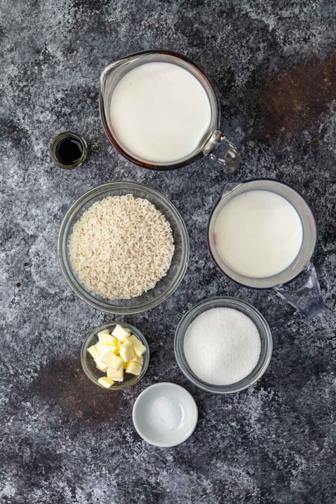 Slow Cooker Rice Pudding ingredients in bowls