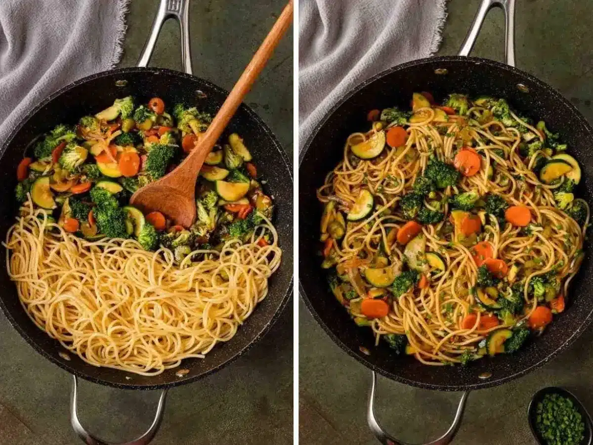 collage of noodles and veggies in wok