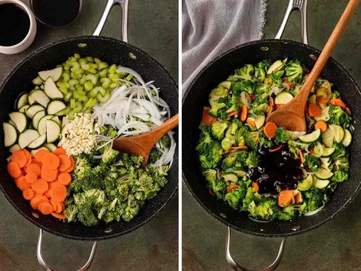 collage of ingredients cooking and mixing in wok