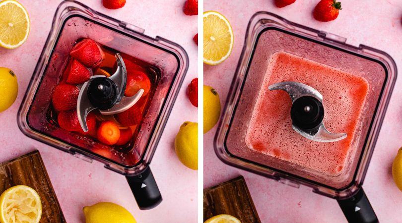 Strawberry Lemonade collage of berries in blender before and after blending.