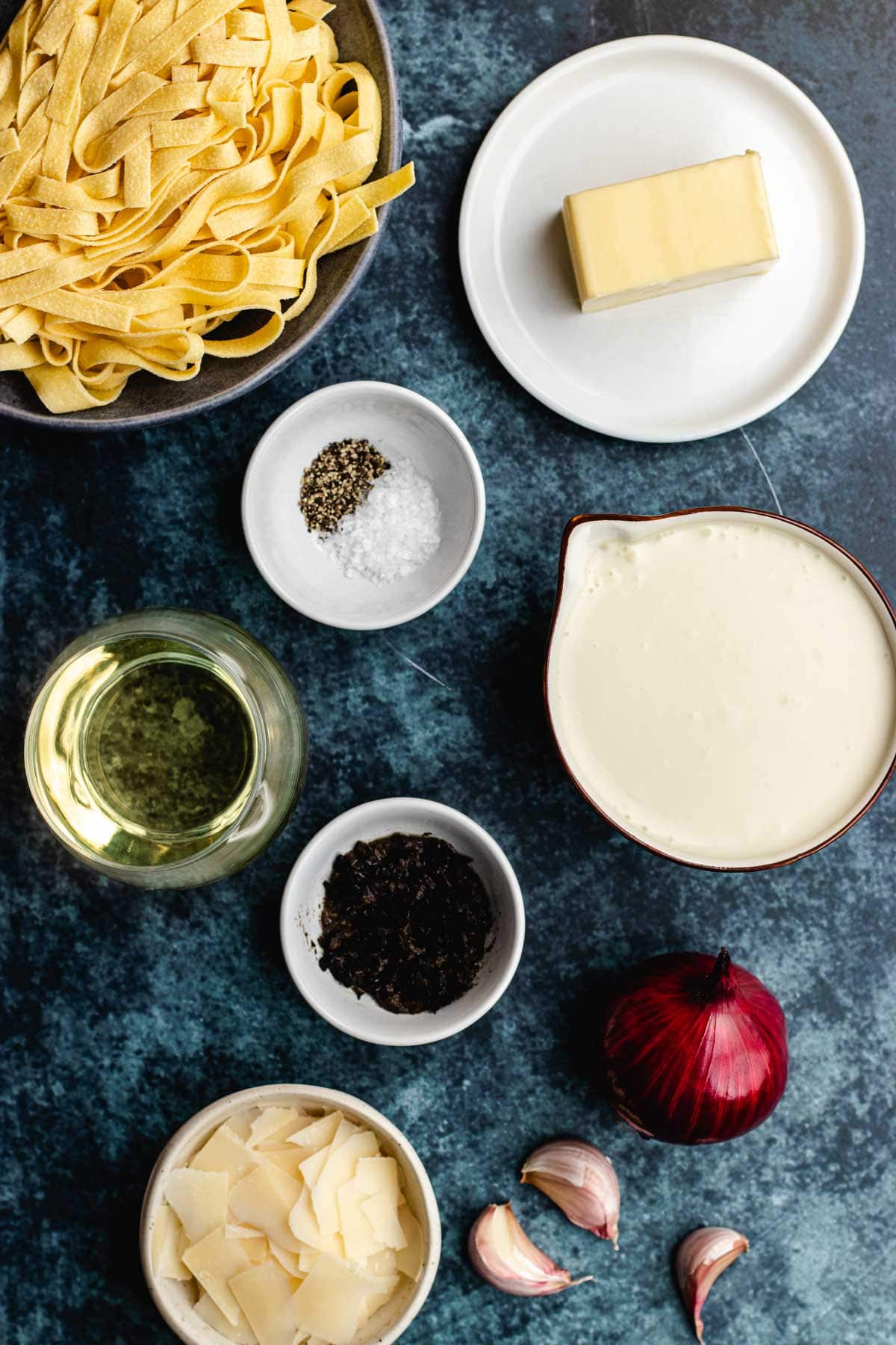 Truffle Pasta ingredients in separate bowls