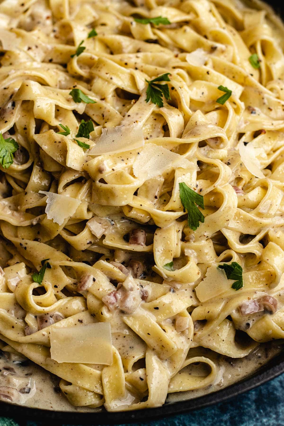 Truffle Pasta finished pasta and sauce in skillet, close up