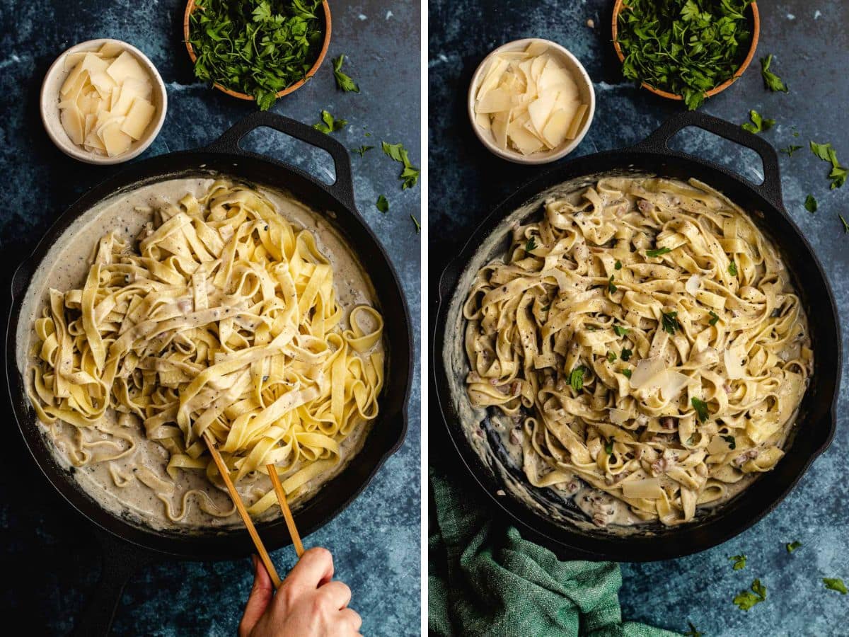 Truffle Pasta collage tossing pasta in sauce and finished pasta in skillet